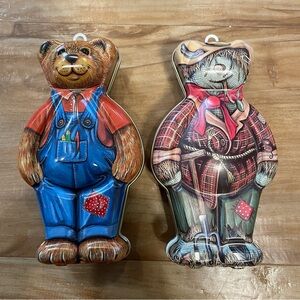 Two 1994 Silver Crane's Sweet Dream Bear Tins: One in Overalls, One Scarecrow